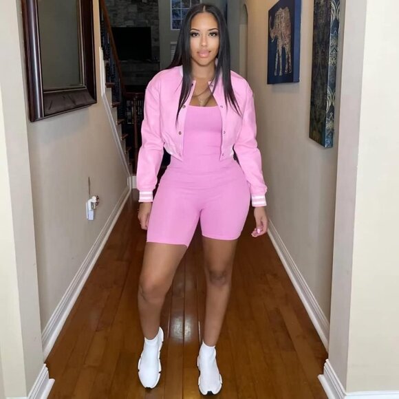 Women's Varsity Jacket Long Sleeve Button Down Bomber Jacket Streetwear B-Pink - Picture 2 of 5